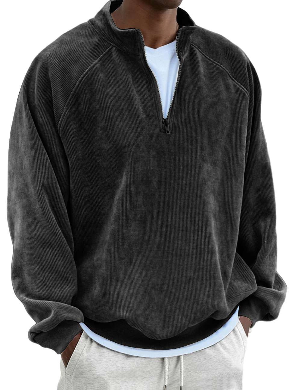 Men's Retro Fashion Corduroy Patchwork Raglan Sleeve Quarter Zip Sweatshirt