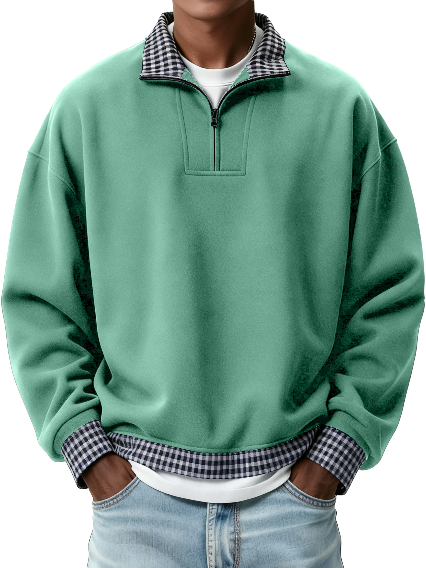 Men's Retro Casual Plaid Patchwork Quarter Zip Sweatshirt