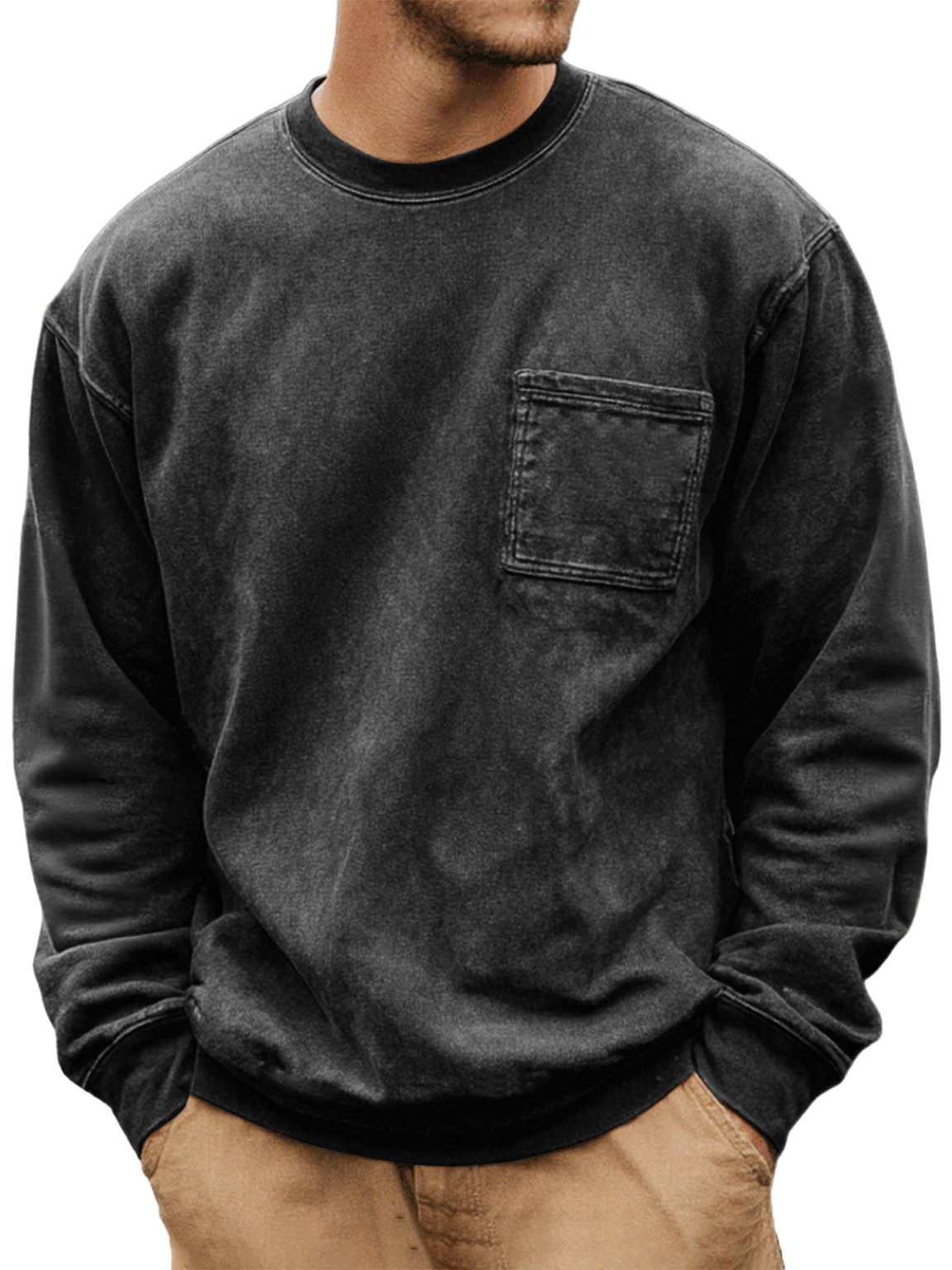 Men's Washed And Distressed Vintage Round Neck Pocket Basic Casual Long-sleeved T-shirt