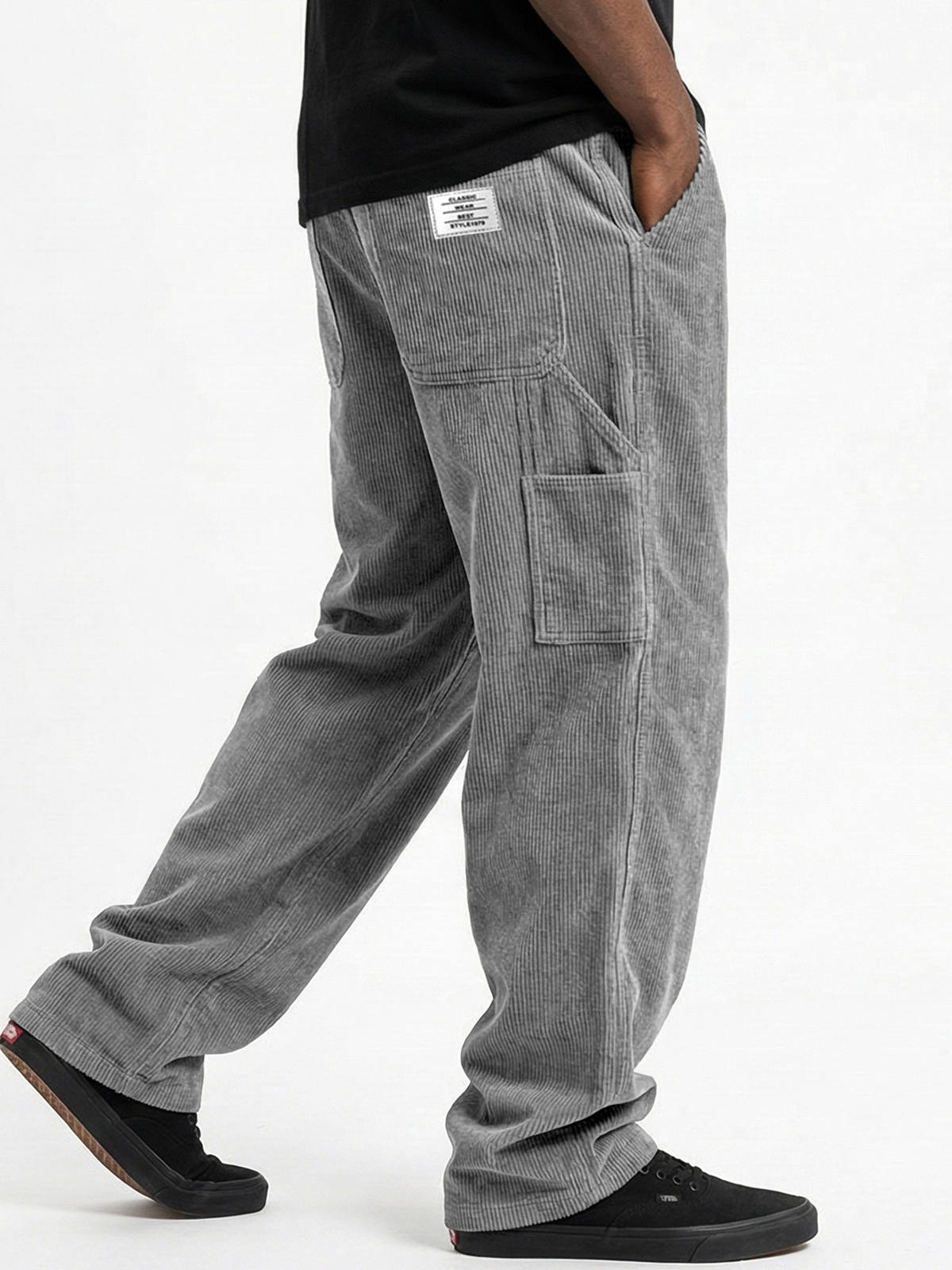Men's Vintage Practical Workwear Corduroy Pants with Multiple Pockets and Embroidered Label