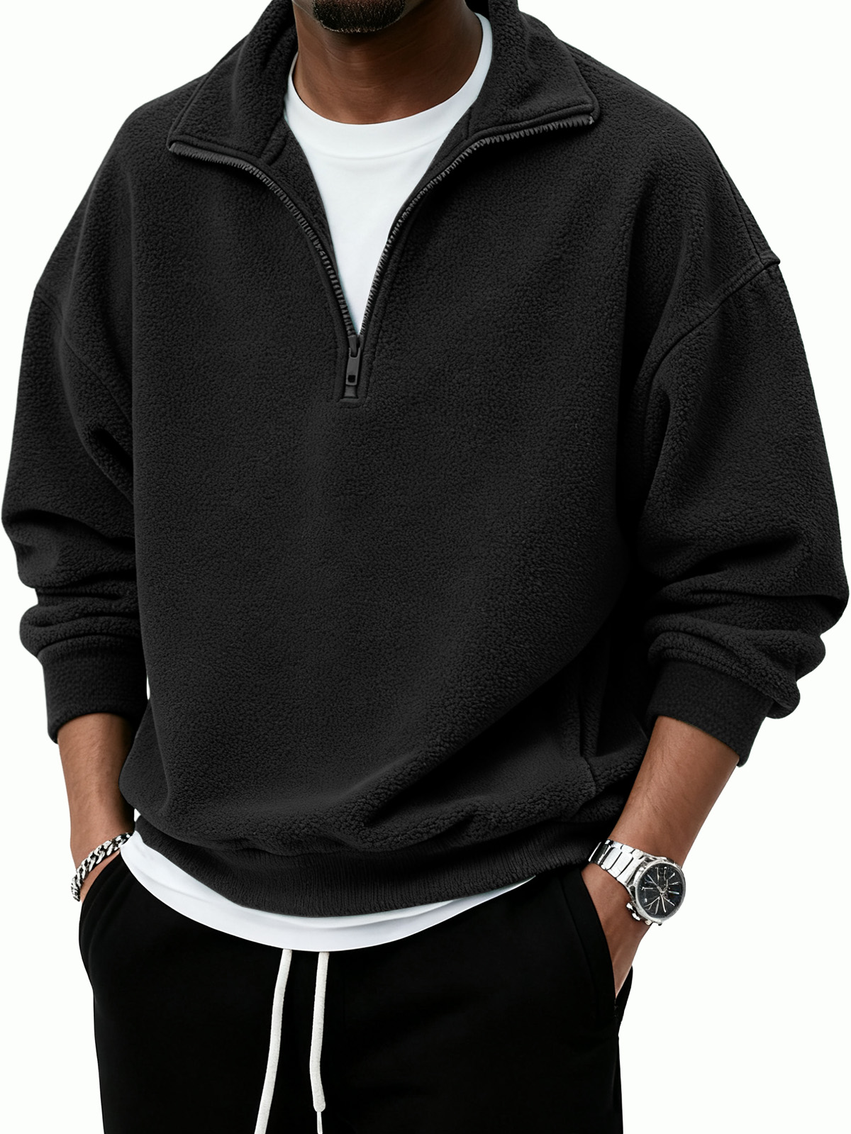 Men's Warm Stylish Casual Half-Zip Stand Collar  Borg Fleece Sweatshirt