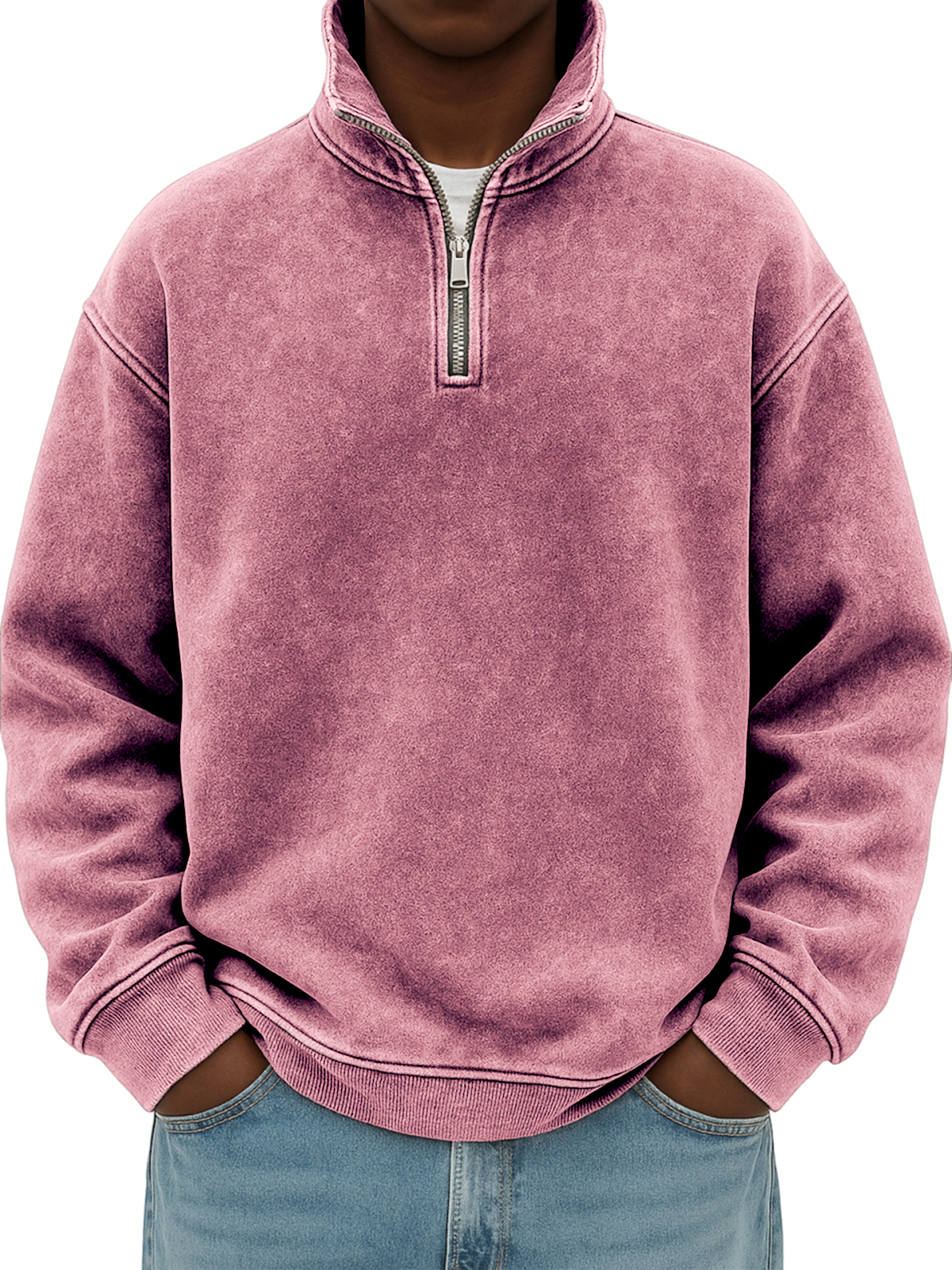 Men's Stylish Quarter-zip Distressed Stand Collar Basic Pullover