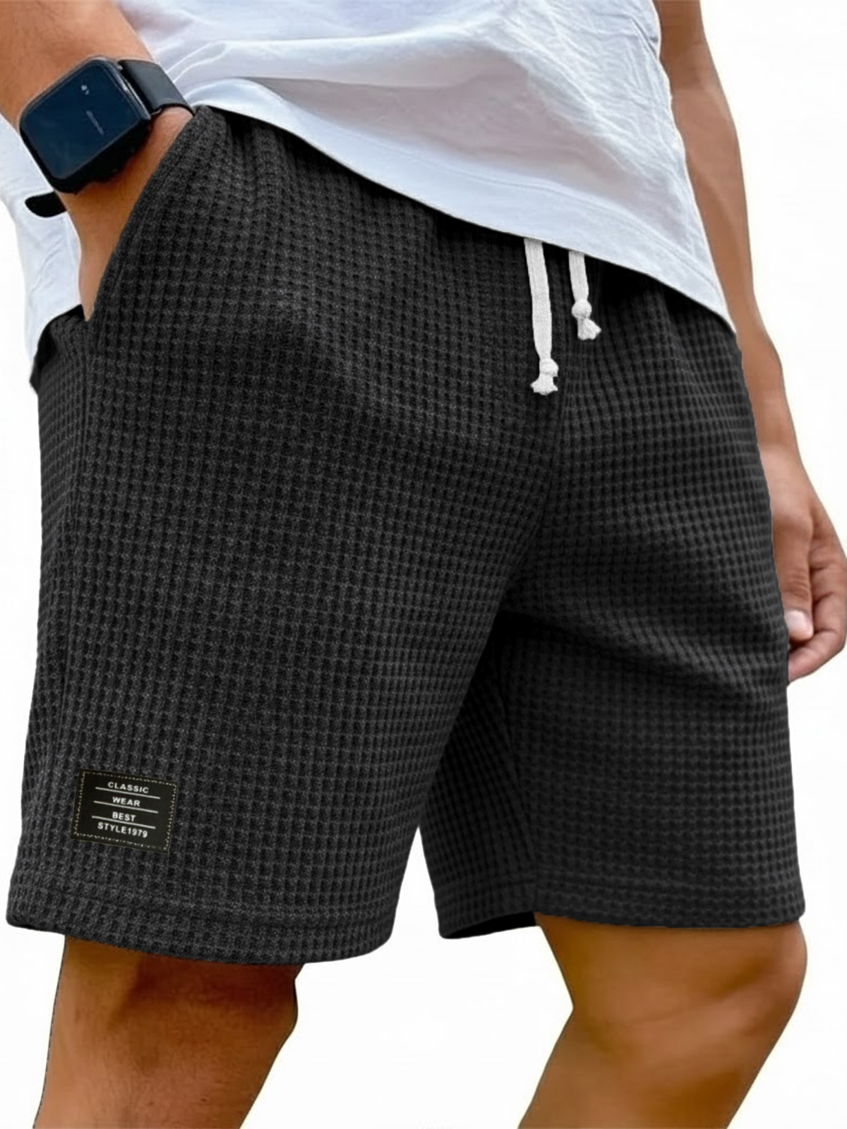 Men's Simple Waffle Texture Drawstring Embroidered Label Shorts