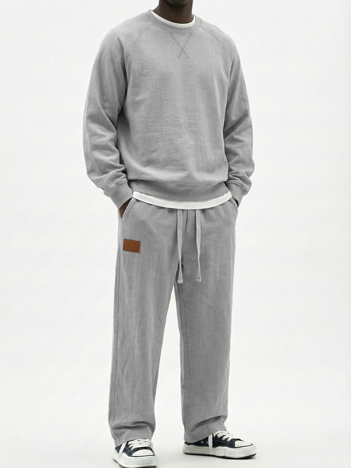 Men's Casual Cotton Embroidered Patchwork Long-Sleeve T-Shirt and Pants Set