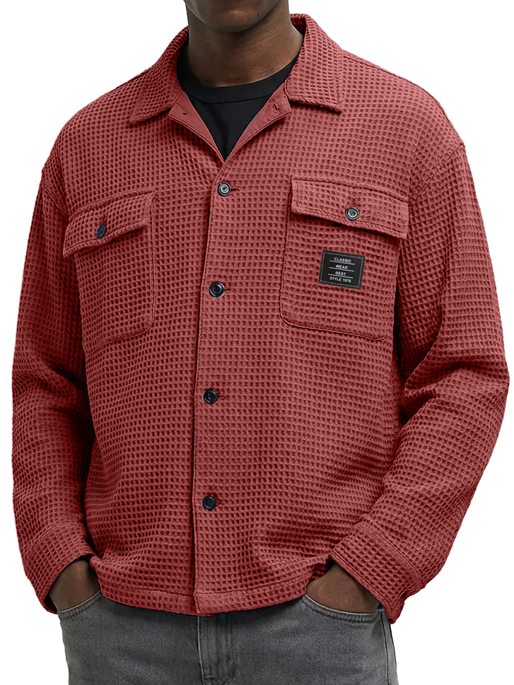Men's Casual Waffle Fabric Double Pocket Long-Sleeve Shirt