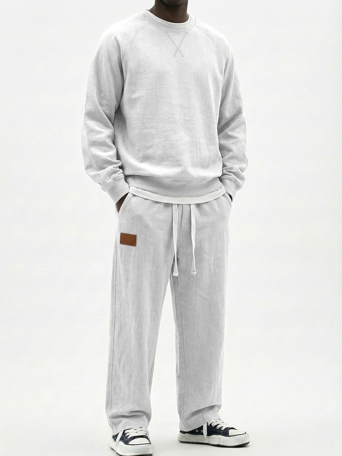 Men's Casual Cotton Embroidered Patchwork Long-Sleeve T-Shirt and Pants Set