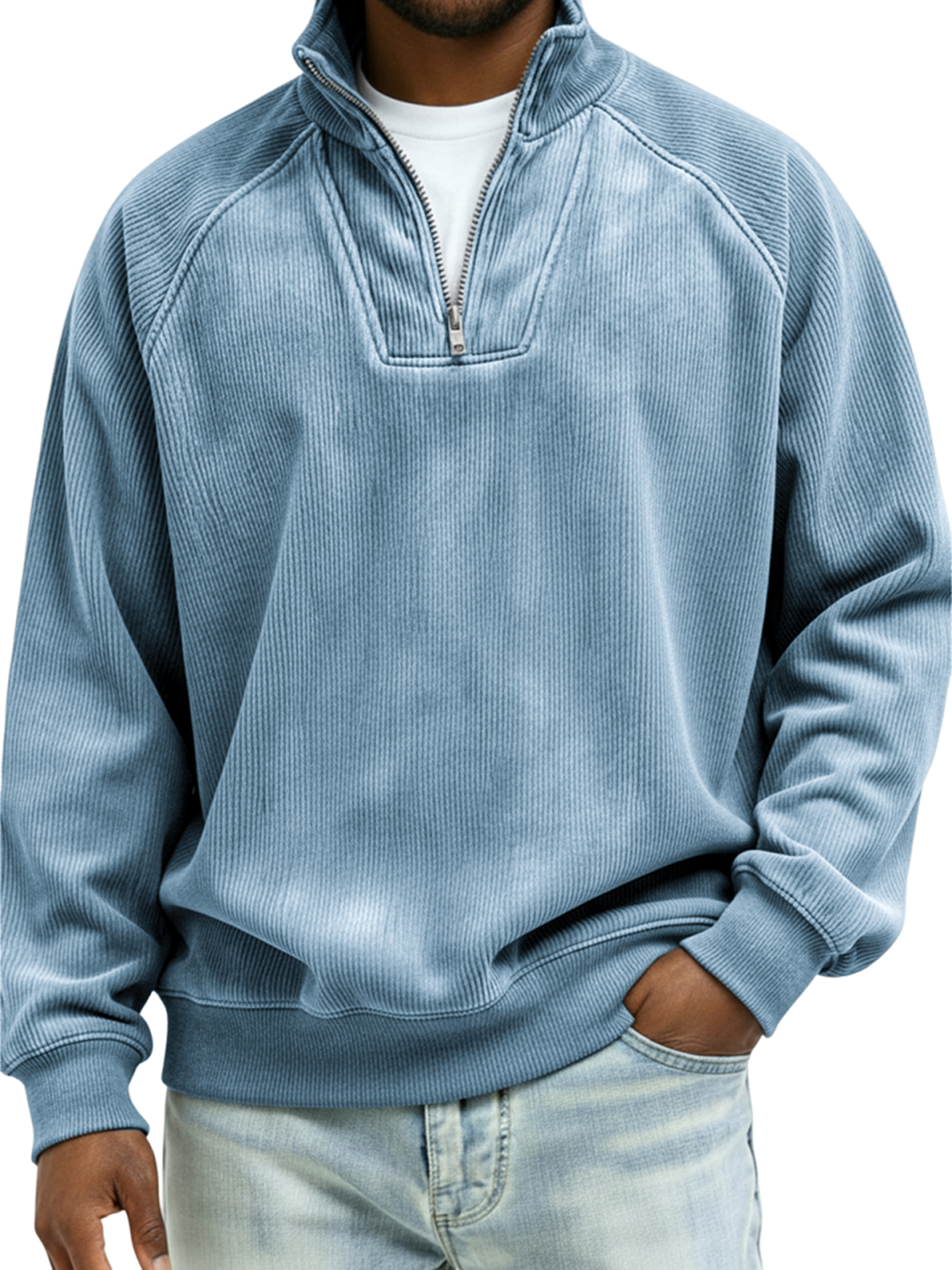 Men's Vintage Corduroy Quarter-zip Raglan Sleeve Patchwork Pullover Polo Shirt