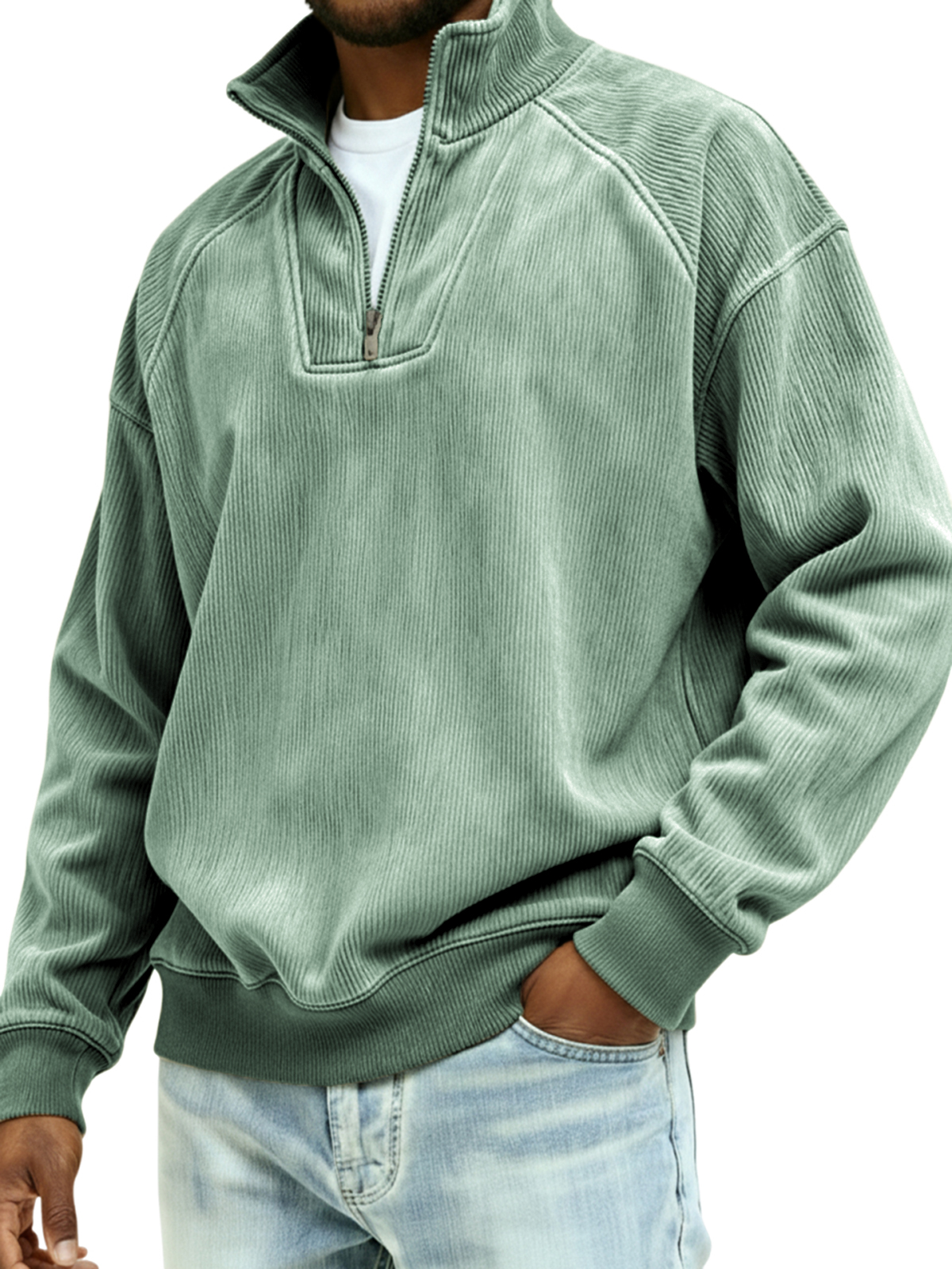 Men's Vintage Corduroy Quarter Zipper Raglan Sleeve Patchwork Pullover