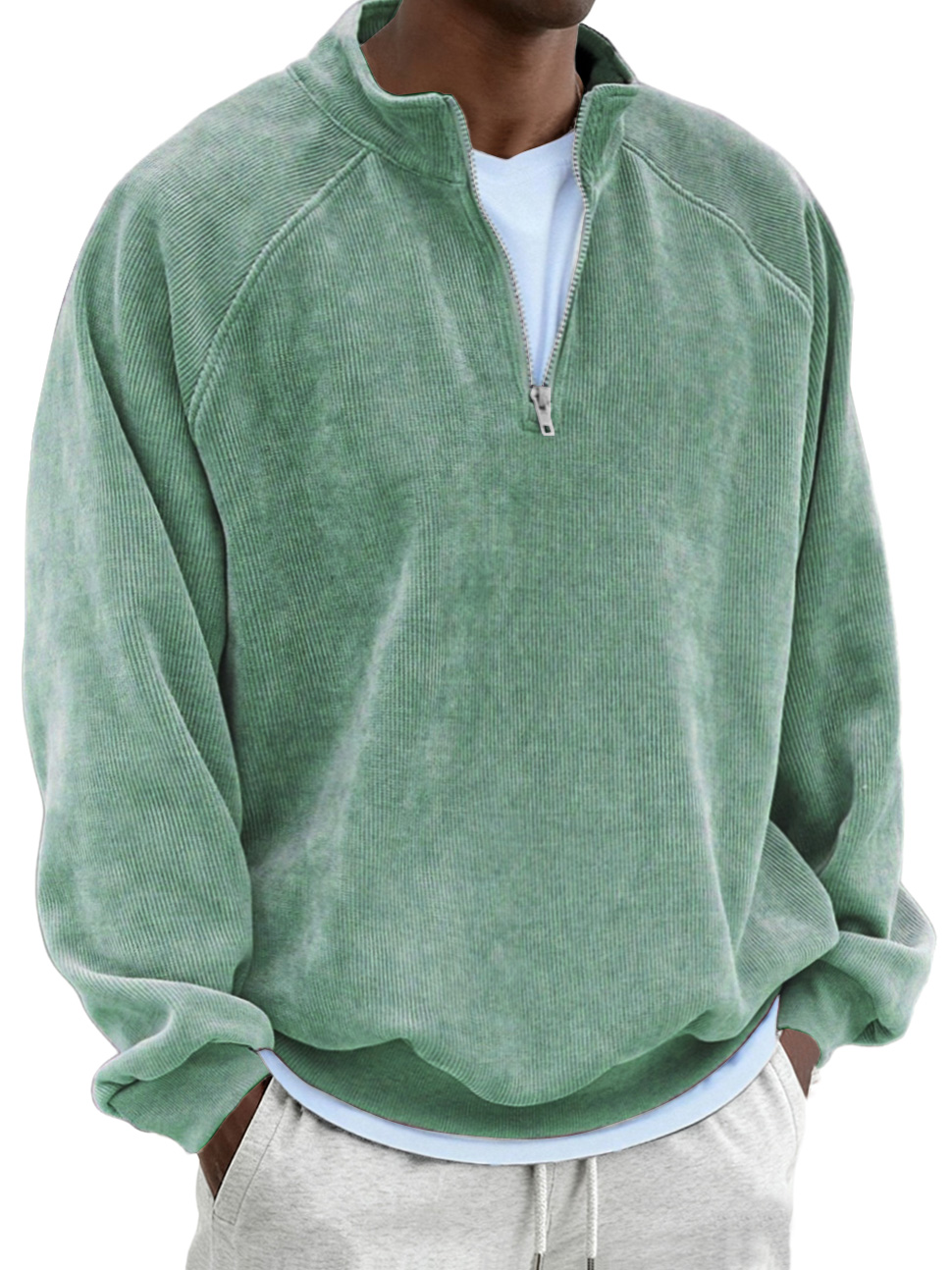 Men's Retro Fashion Corduroy Patchwork Raglan Sleeve Quarter Zip Sweatshirt
