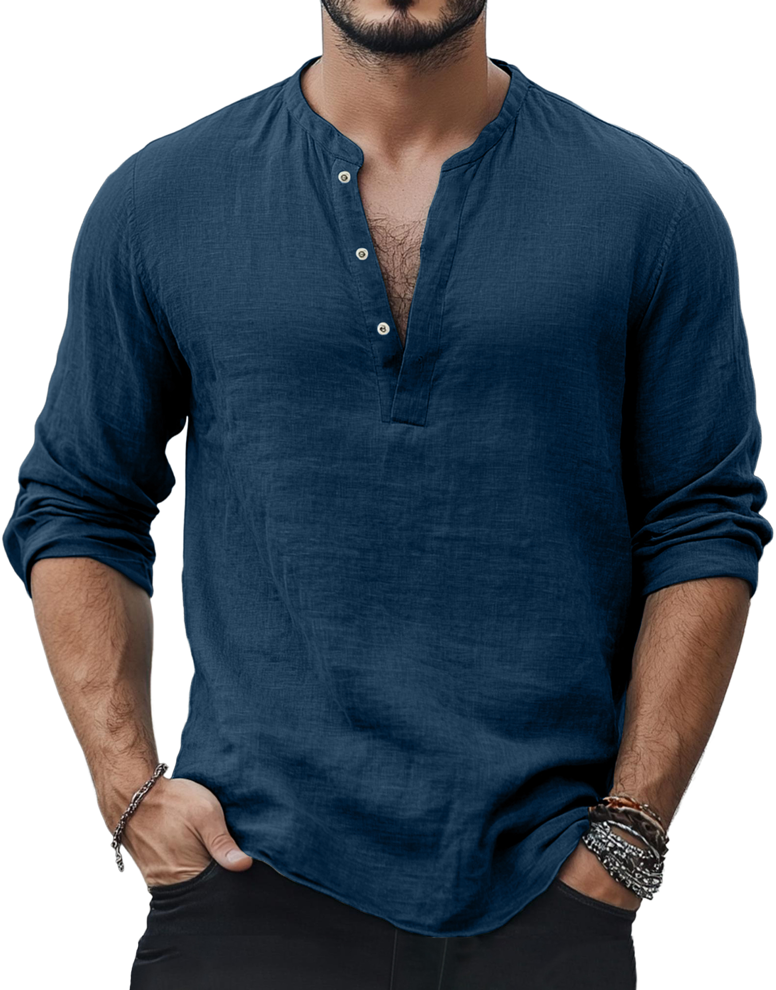 Men's Casual Fashion Basic Casual Henley Collar Cotton And Linen Long-sleeved Top