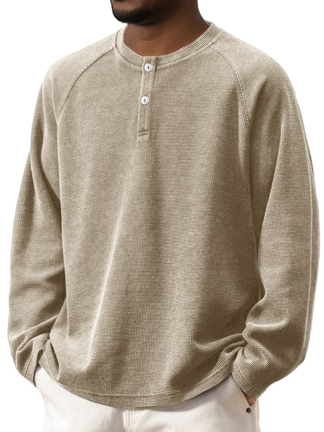 Men's Retro Fashion Washed Waffle Gown with Raglan Sleeves and Henley Style Long Sleeves