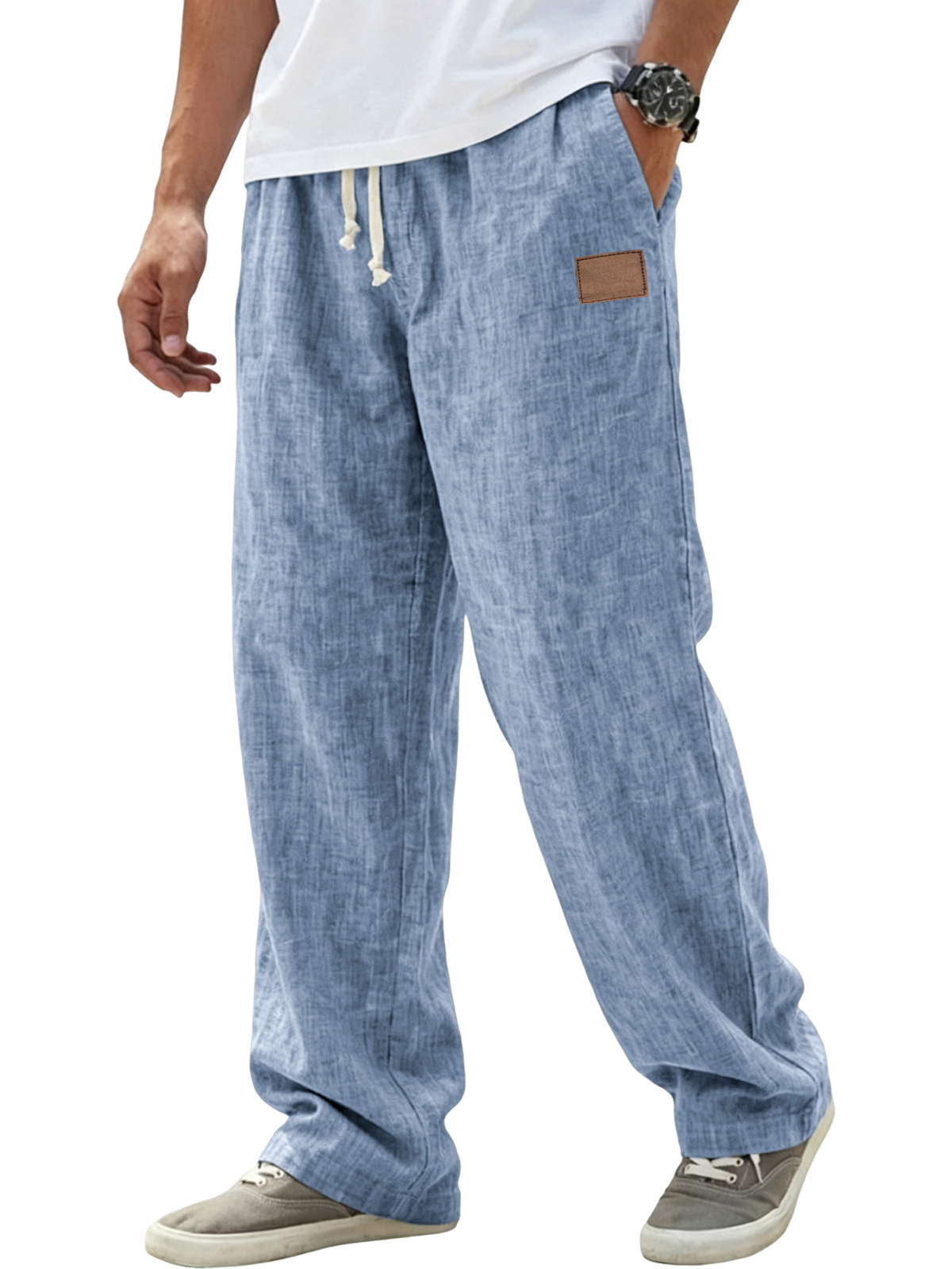 Men's Breathable Linen Pants Resort Casual Loose-Fit Trousers with Embroidered Leather Patch