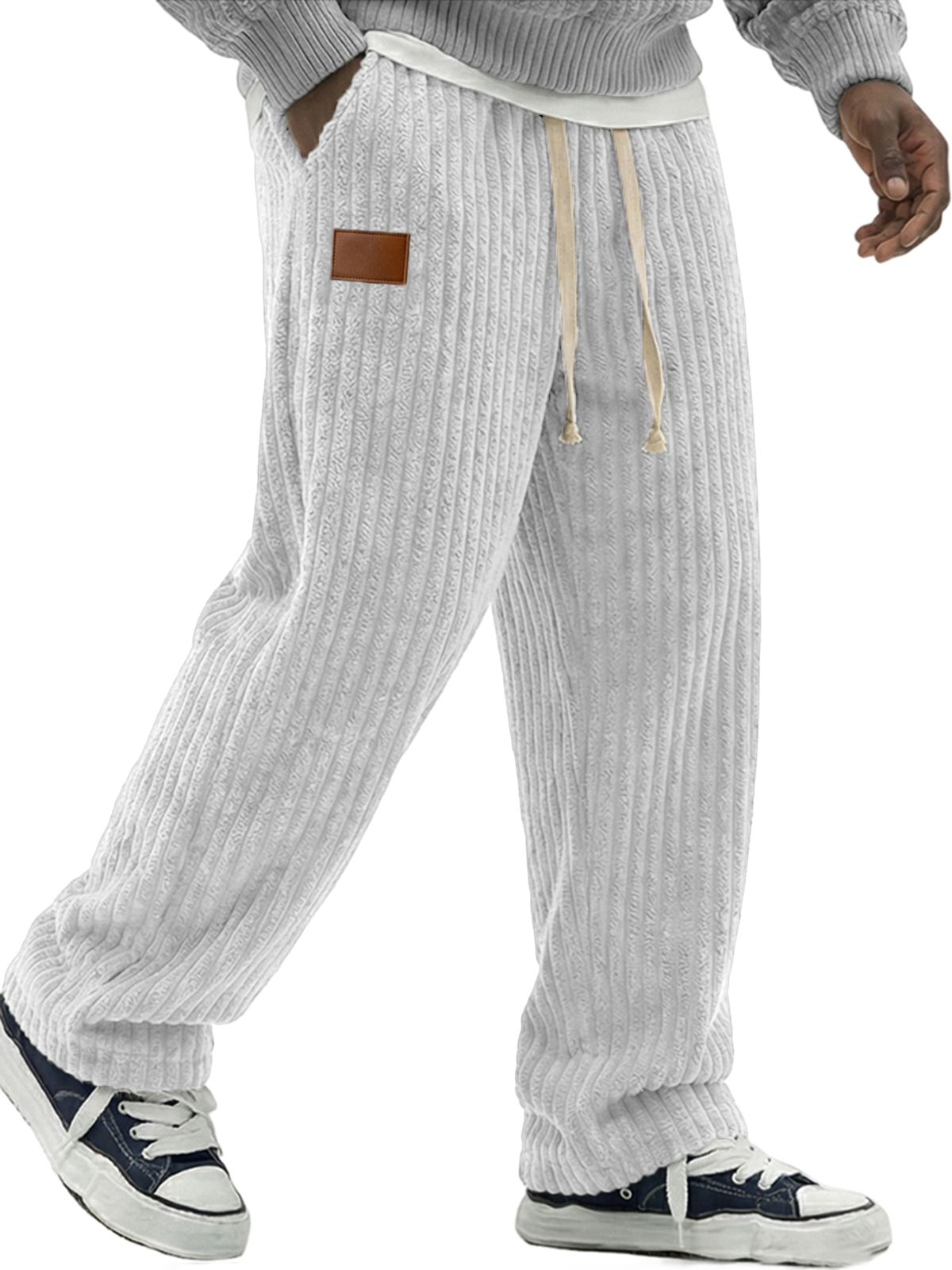 Men's Simple Soft Corduroy Pants with Leather Embroidery Patchwork