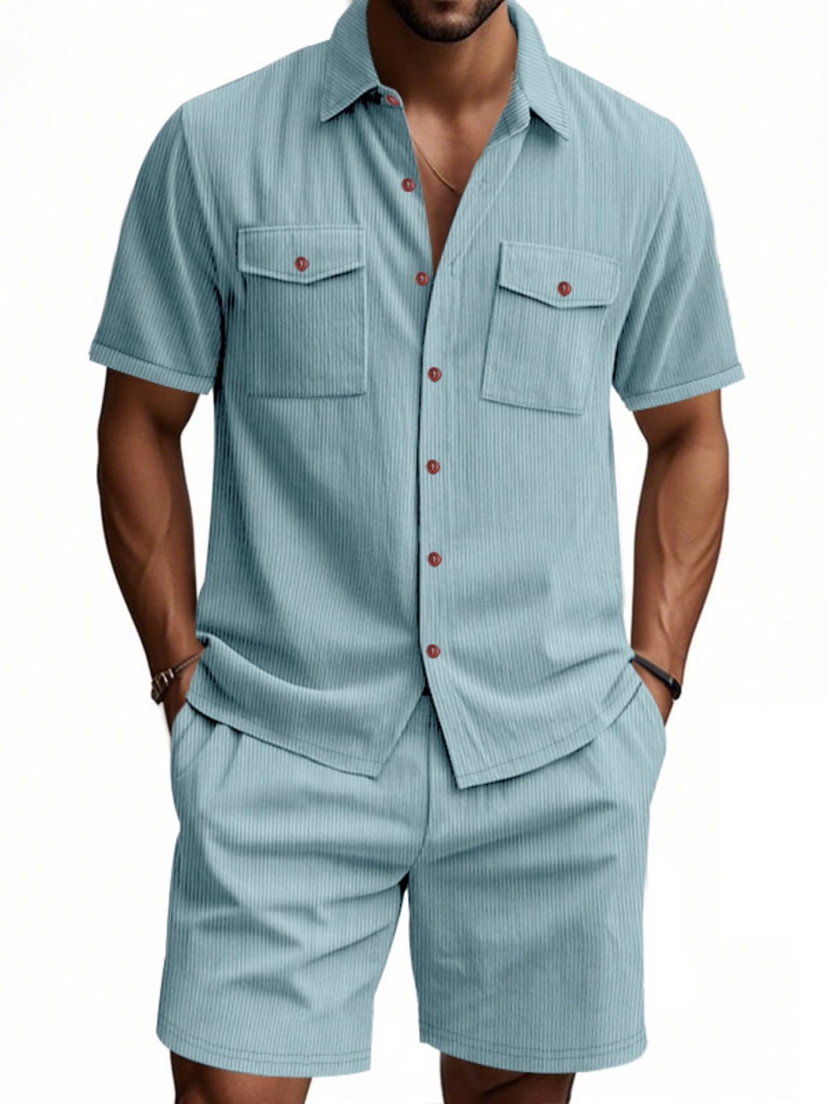Men's Corduroy Double Pocket Texture Casual Short-sleeved Shirt Shorts Two-piece Suit