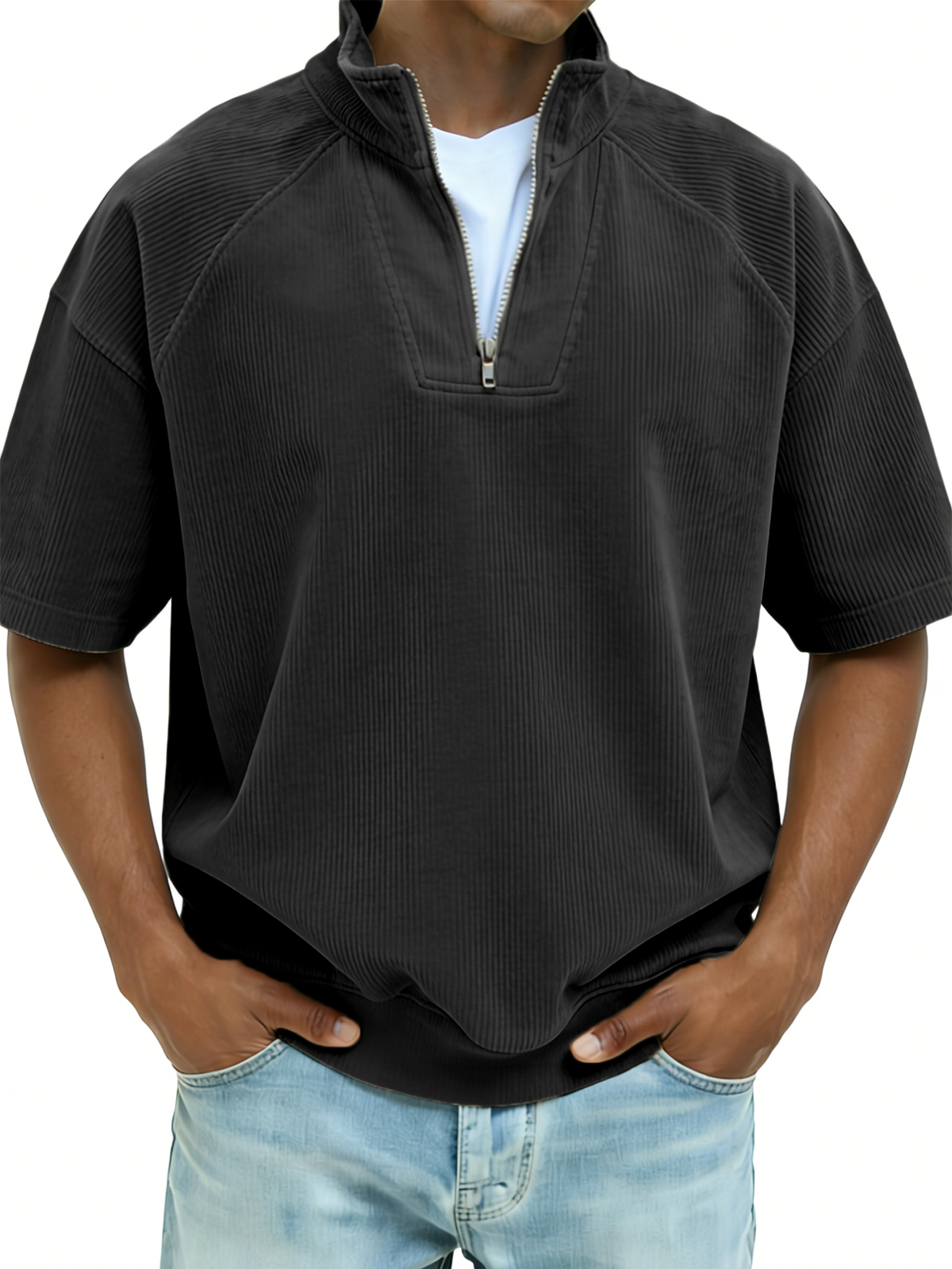 Ribbed Half-zip Patchwork Polo Shirt