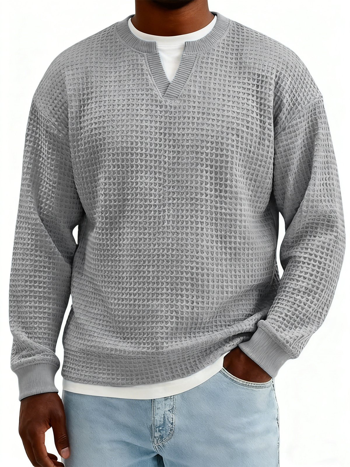Men's Textured Waffle-knit Henley V-neck Long-sleeved Top