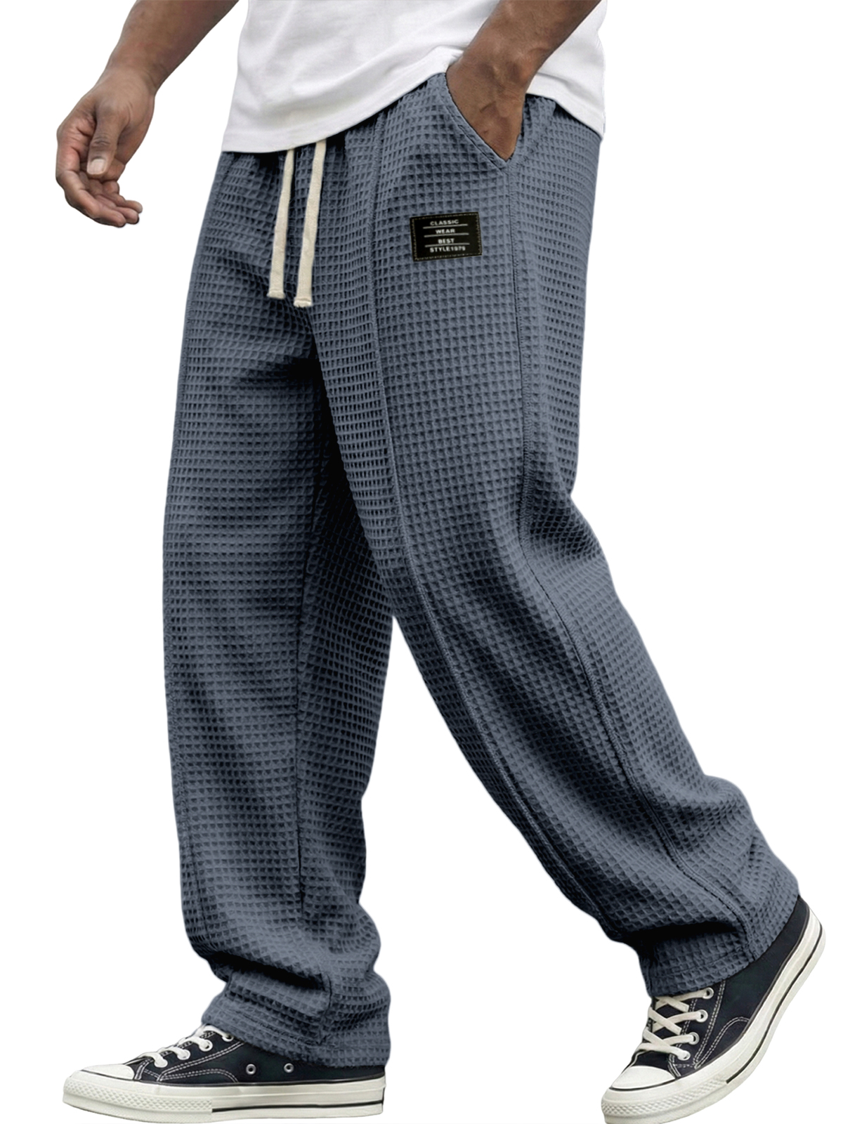 Men's Waffle Textured Pants with Decorative Stitching and Embroidered Label