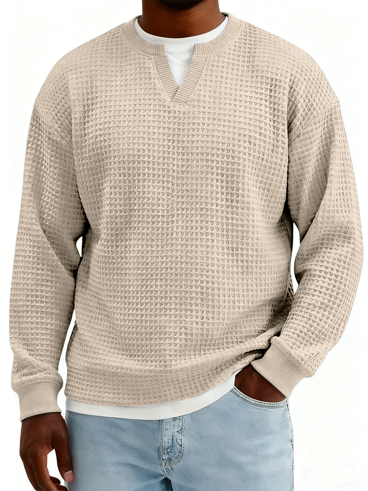 Men's Textured Waffle-knit Henley V-neck Long-sleeved Top