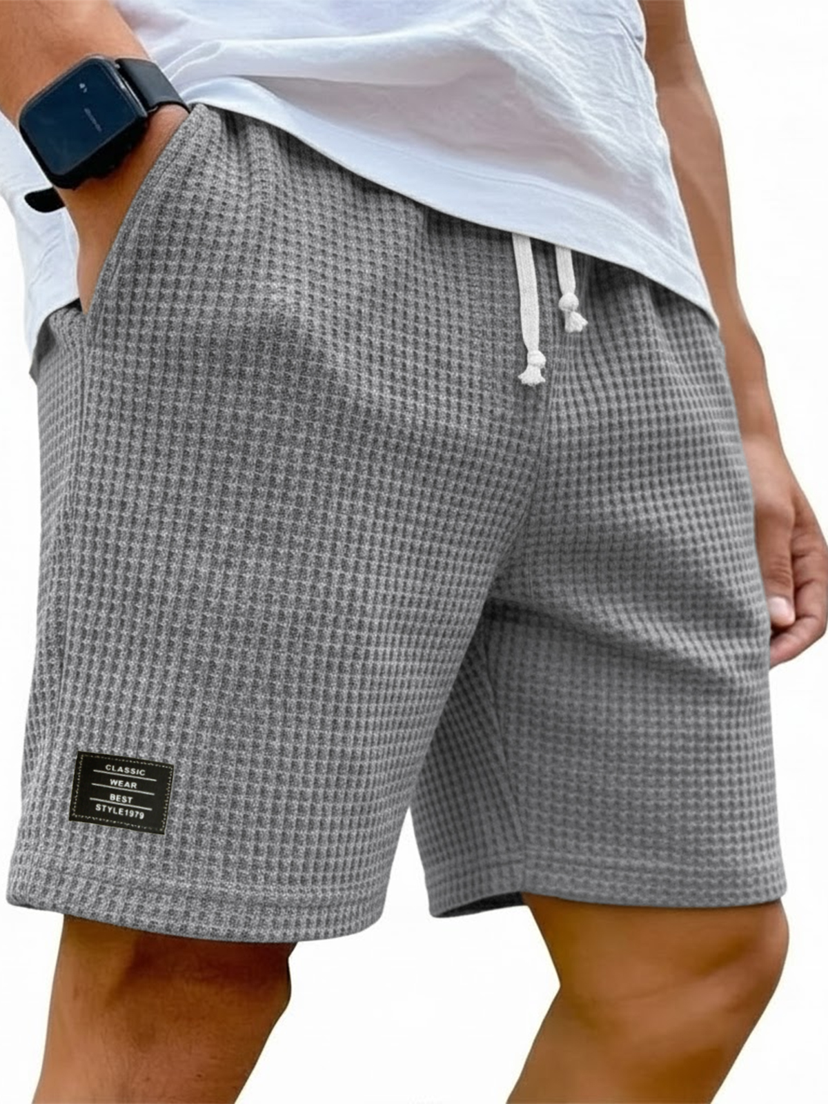 Men's Simple Waffle Texture Drawstring Embroidered Label Shorts