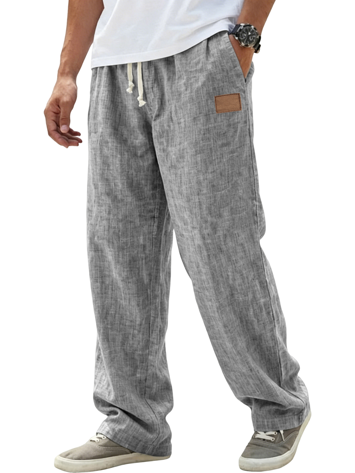 Men's Breathable Linen Pants Resort Casual Loose-Fit Trousers with Embroidered Leather Patch