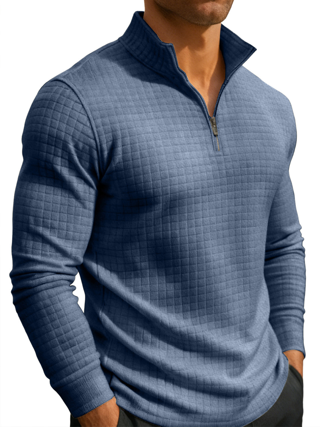Men's Casual Fashion Waffle Knit Stand Collar Zips Sweatshirt