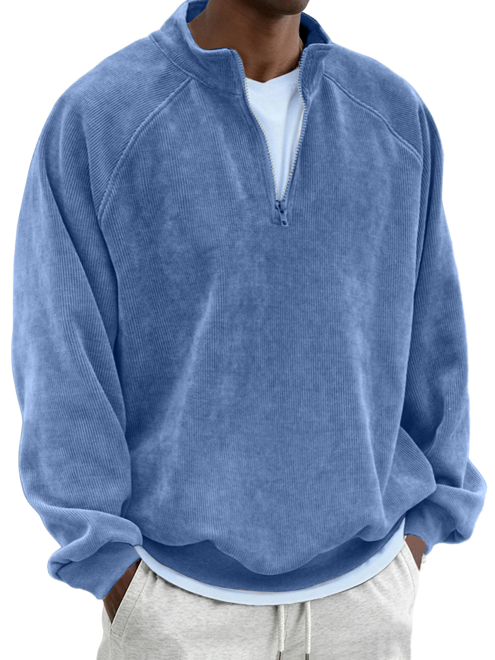 Men's Retro Fashion Corduroy Patchwork Raglan Sleeve Quarter Zip Sweatshirt