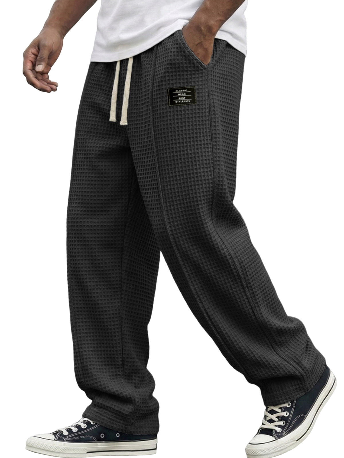 Men's Waffle Textured Pants with Decorative Stitching and Embroidered Label
