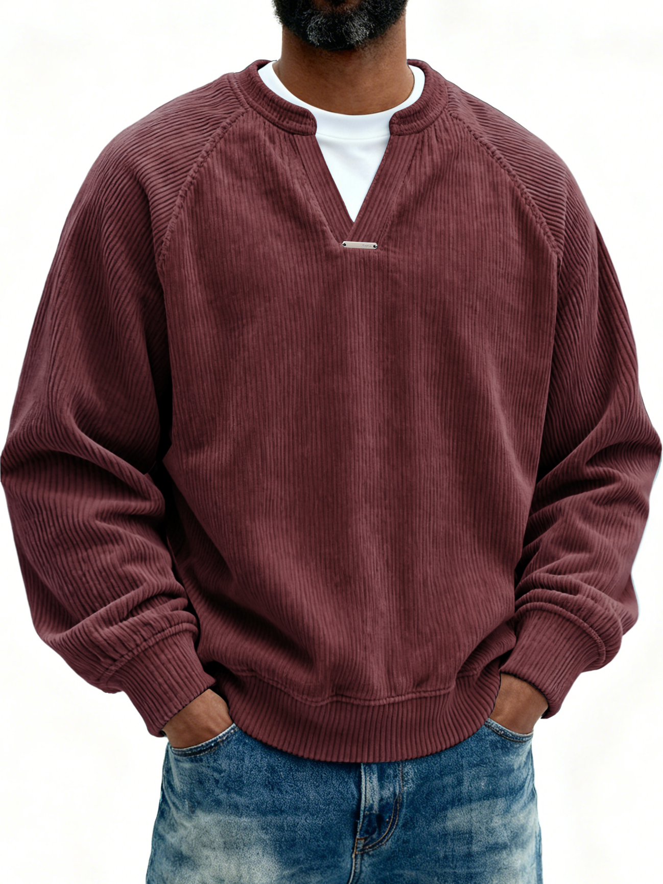 Men's Retro Casual Corduroy V-Neck Faux Two-Piece Long-Sleeve T-Shirt