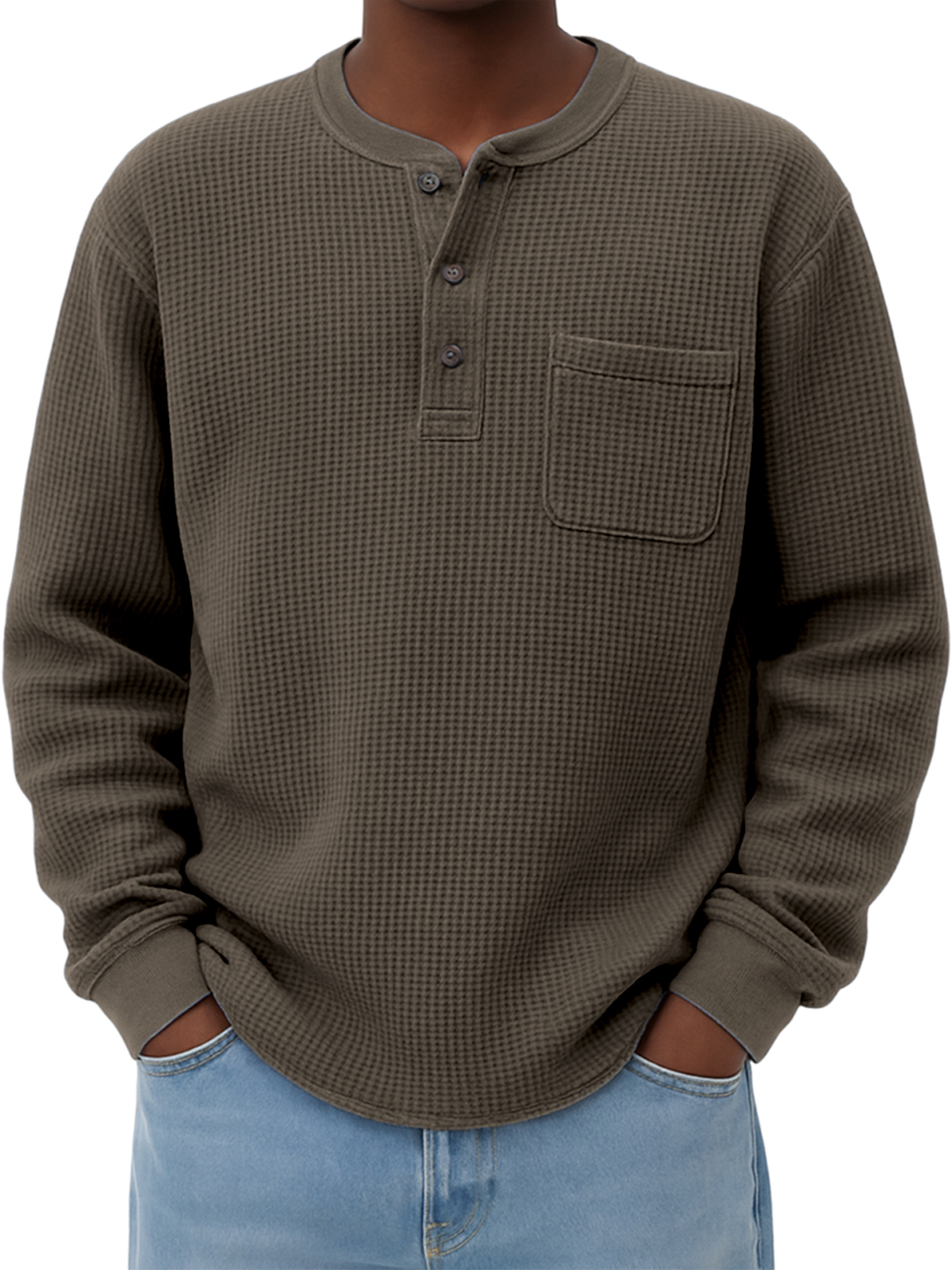 Men's Breathable Waffle Casual Henley Shirt with Chest Pocket