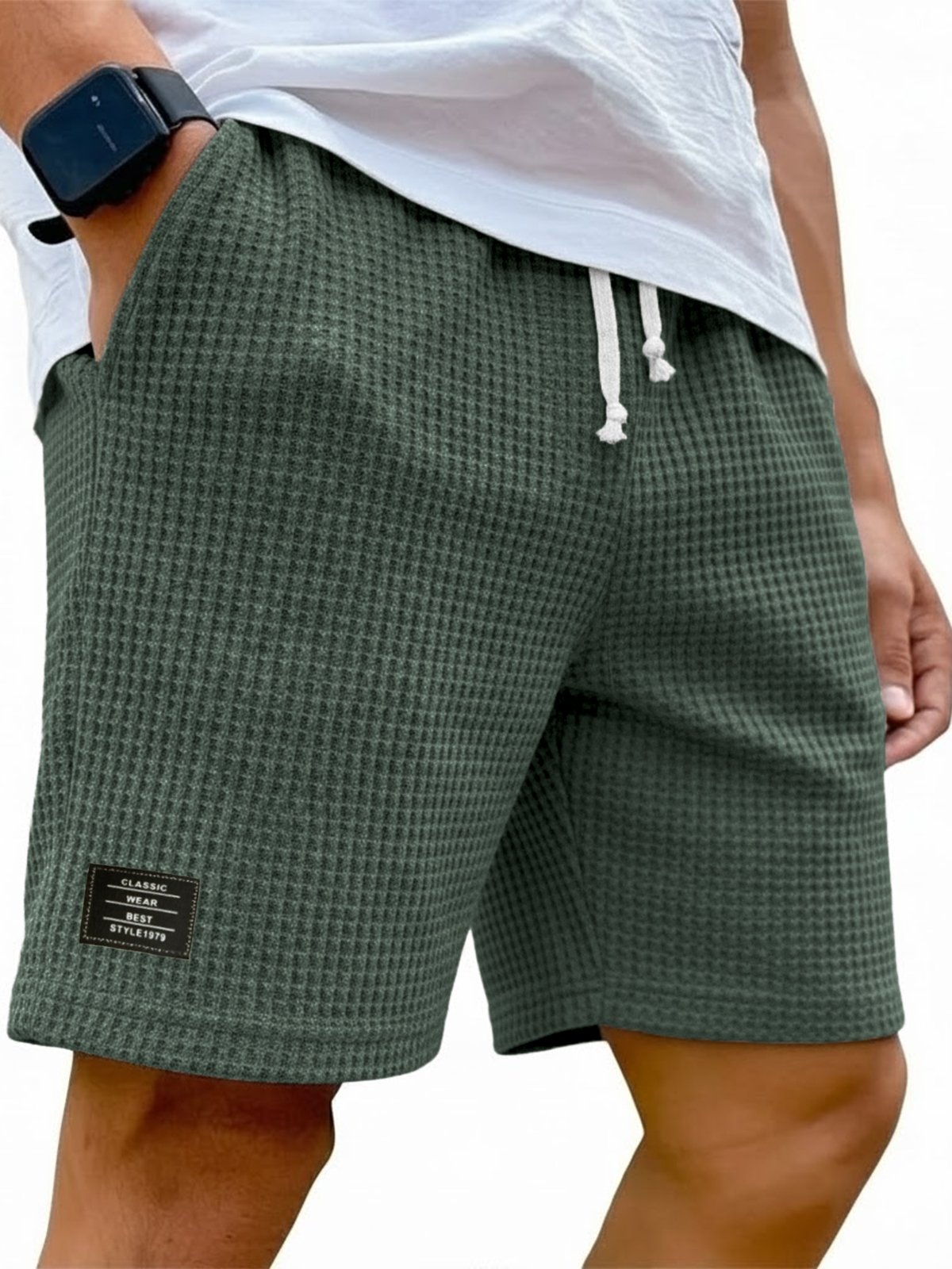 Men's Simple Waffle Texture Drawstring Embroidered Label Shorts