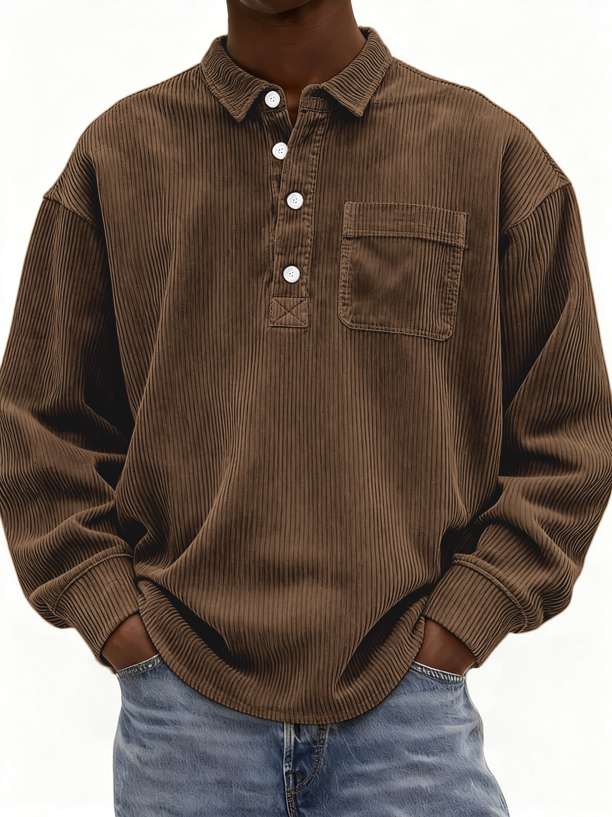Men's Simple Corduroy Ribbed Button-down Pullover Polo Shirt with Chest Pocket