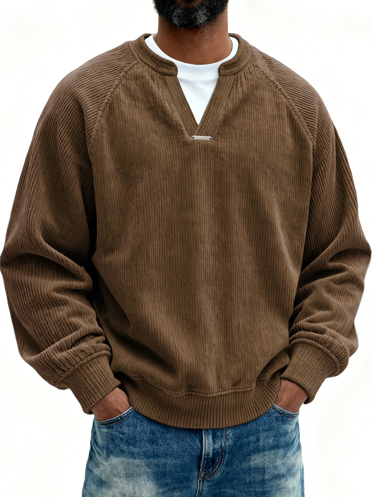 Men's Retro Casual Corduroy V-Neck Faux Two-Piece Long-Sleeve T-Shirt