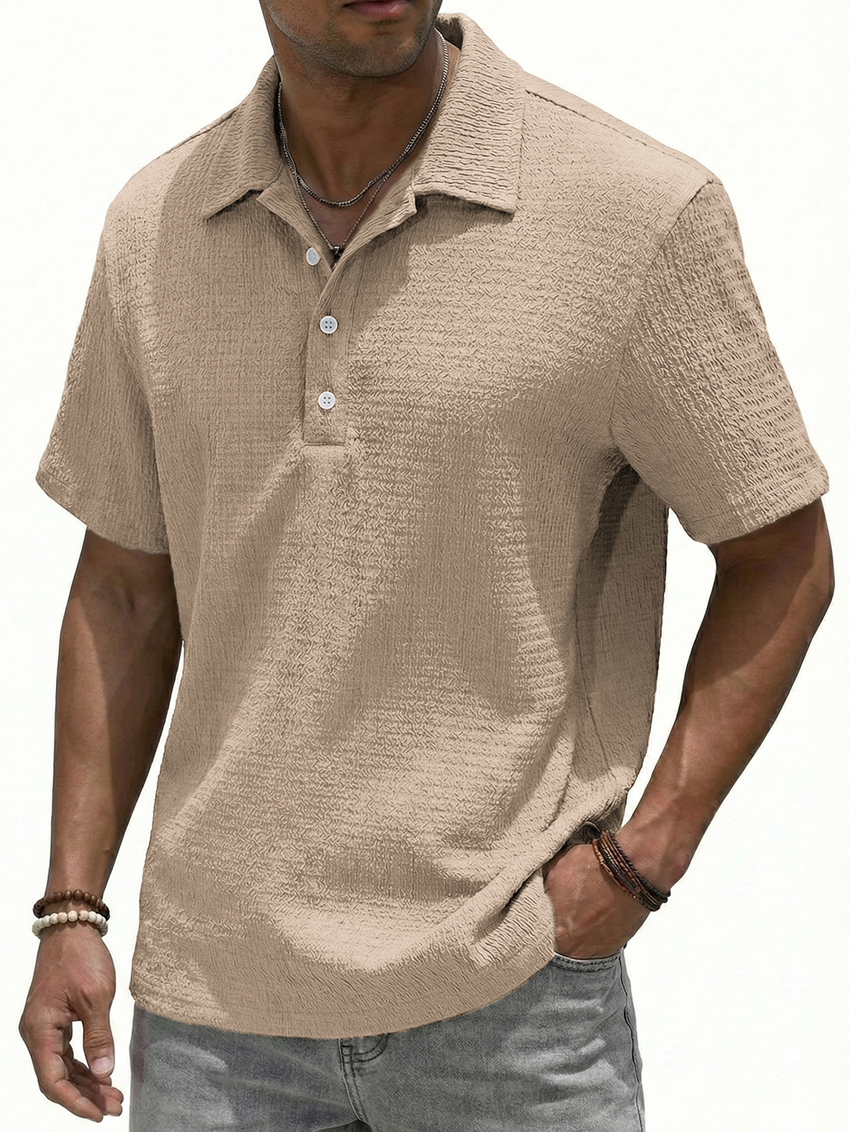 Jacquard Textured Button-down Polo Shirt