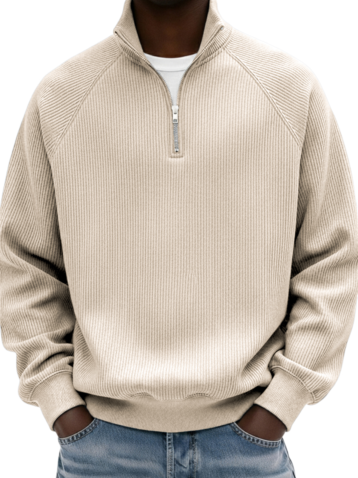 Men's Simple Ribbed Raglan Sleeve Quarter-zip Polo Shirt