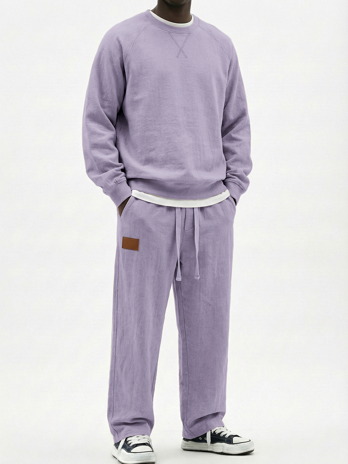 Men's Casual Cotton Embroidered Patchwork Long-Sleeve T-Shirt and Pants Set