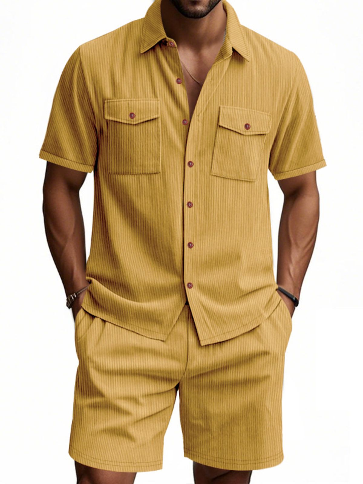 Men's Corduroy Double Pocket Texture Casual Short-sleeved Shirt Shorts Two-piece Suit