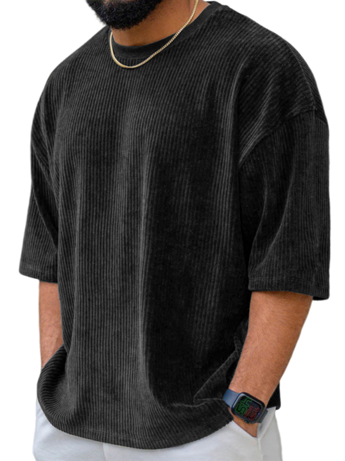 Men's Stylish Corduroy Casual Short-sleeve T-shirt with Thick Wales for Daily Wear