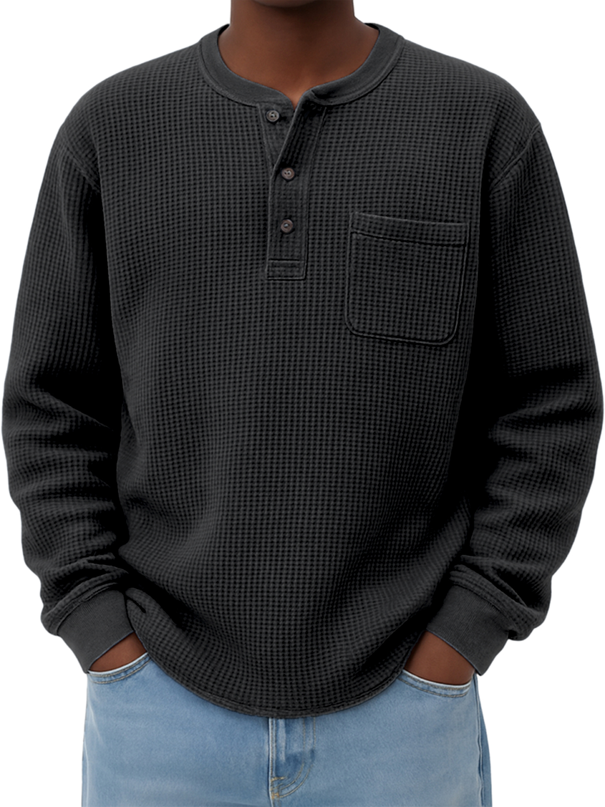 Men's Breathable Waffle Casual Henley Shirt with Chest Pocket