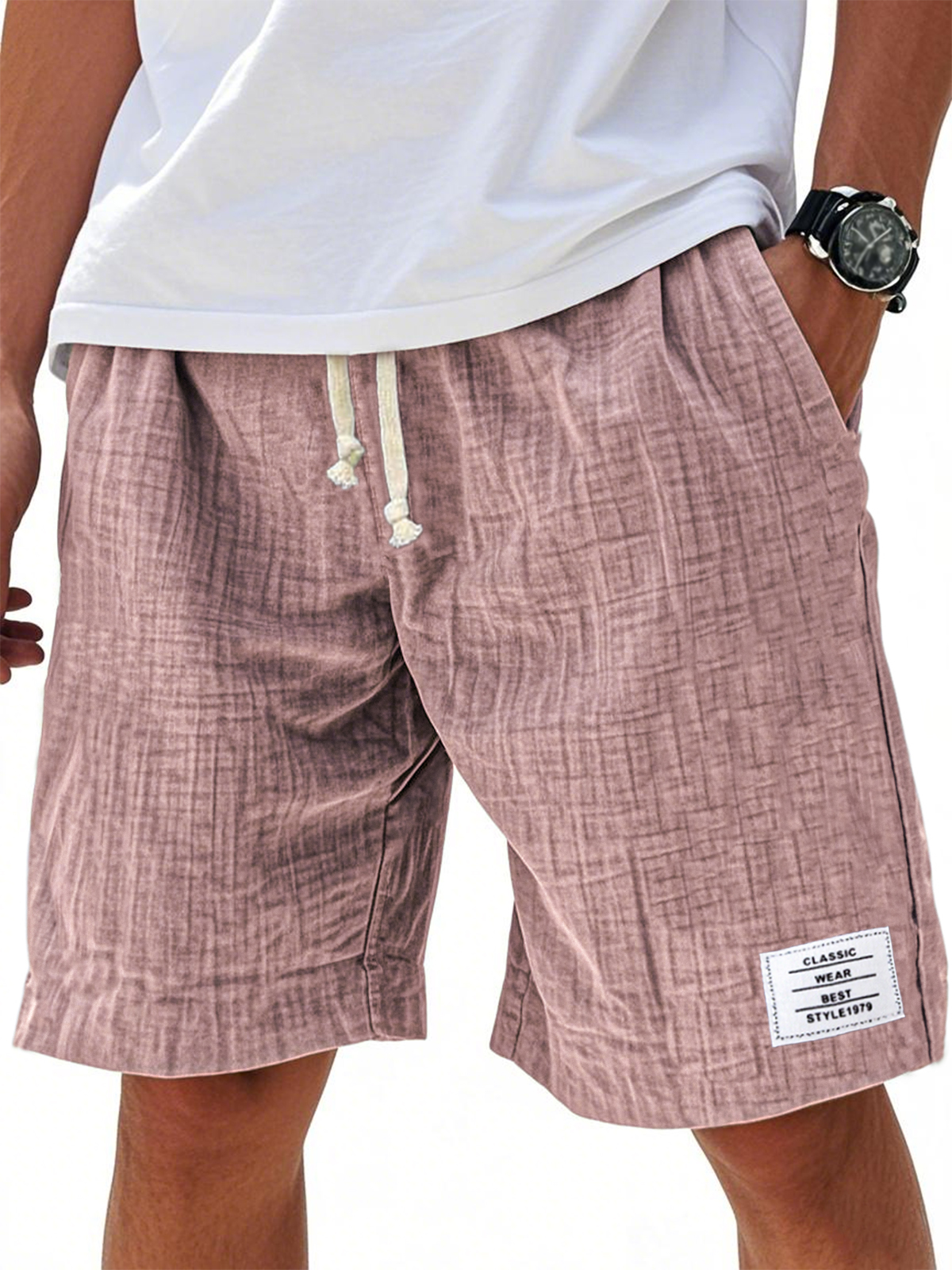 Men's Comfort Crepe Soft Simple Embroidered Label Casual Lace Up Everyday Shorts