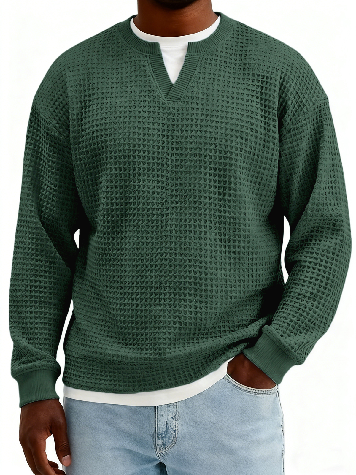 Men's Textured Waffle-knit Henley V-neck Long-sleeved Top