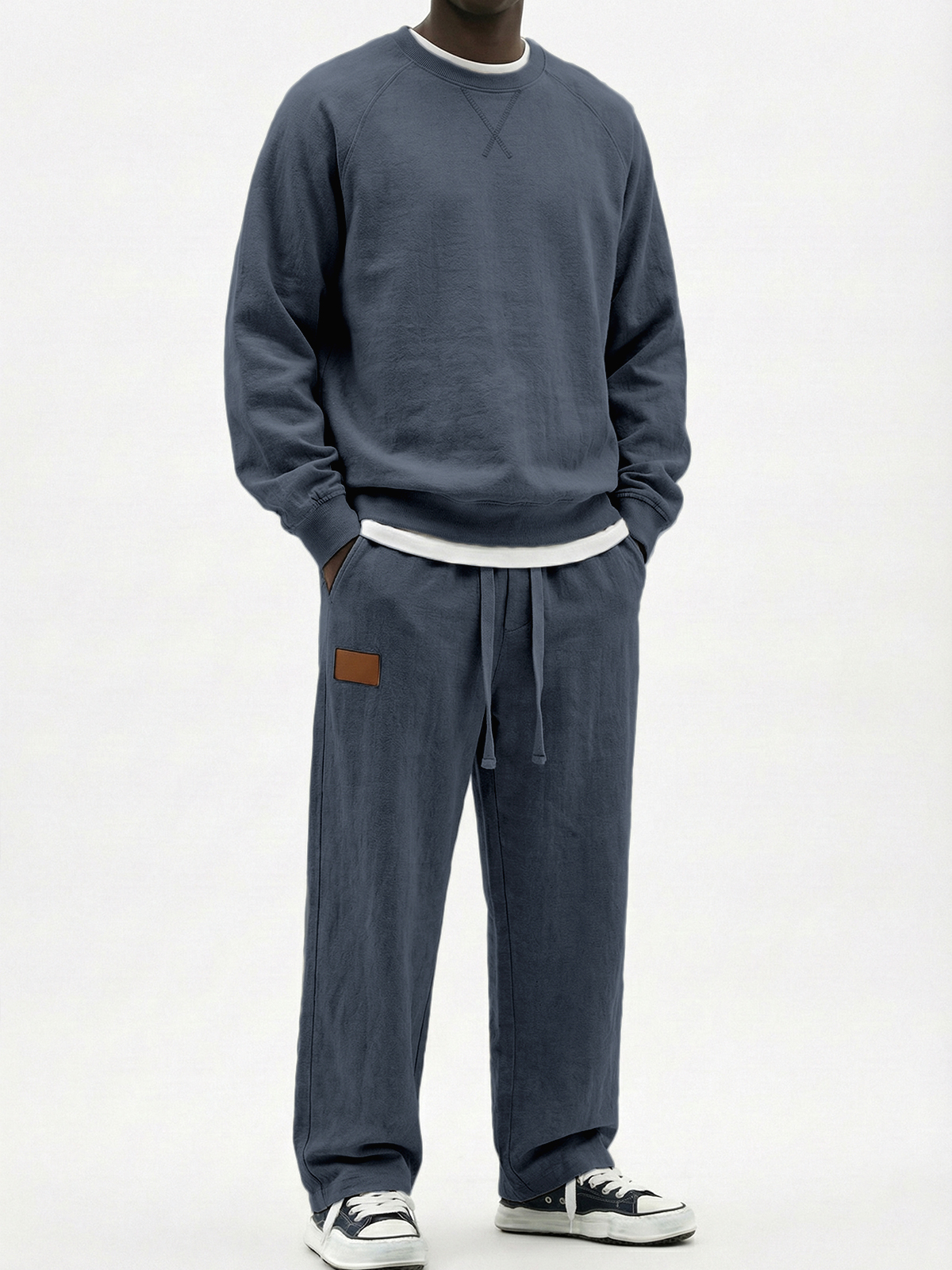 Men's Casual Cotton Embroidered Patchwork Long-Sleeve T-Shirt and Pants Set