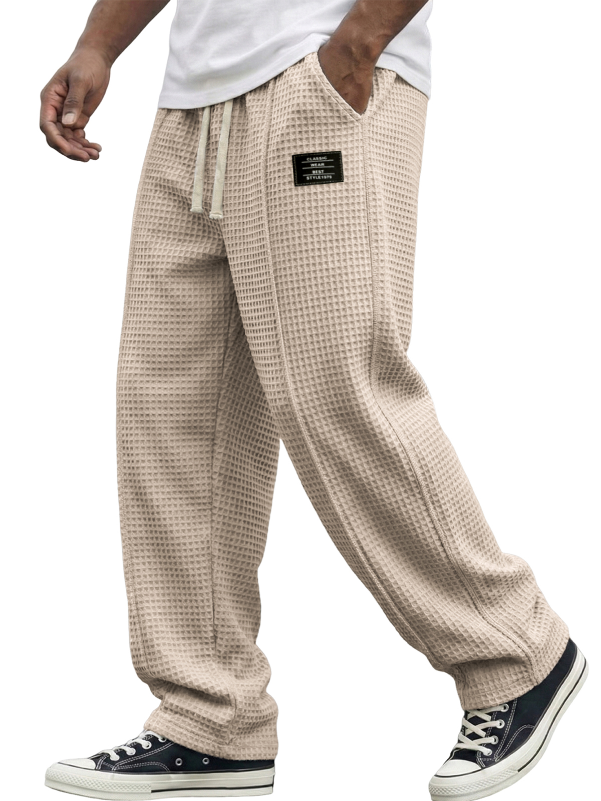 Men's Waffle Textured Pants with Decorative Stitching and Embroidered Label