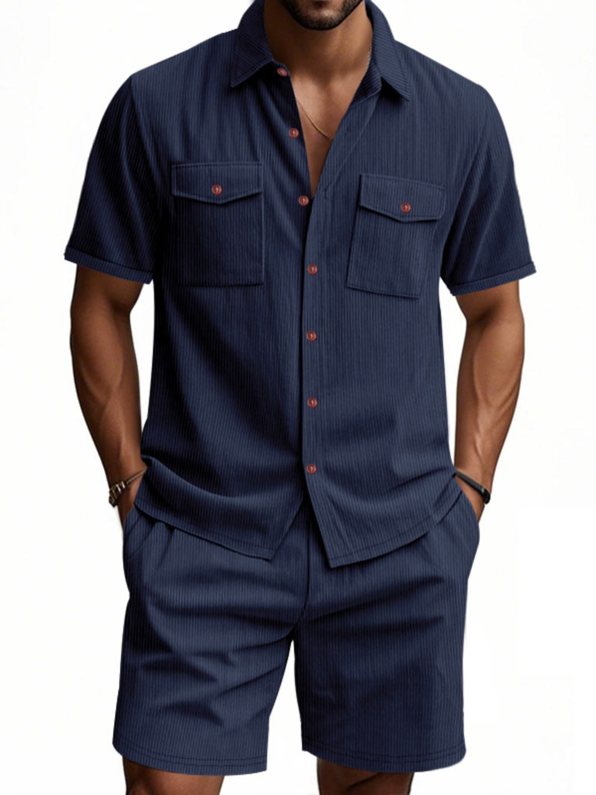Men's Corduroy Double Pocket Texture Casual Short-sleeved Shirt Shorts Two-piece Suit