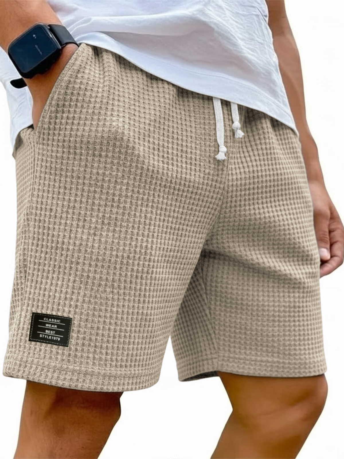 Men's Simple Waffle Texture Drawstring Embroidered Label Shorts