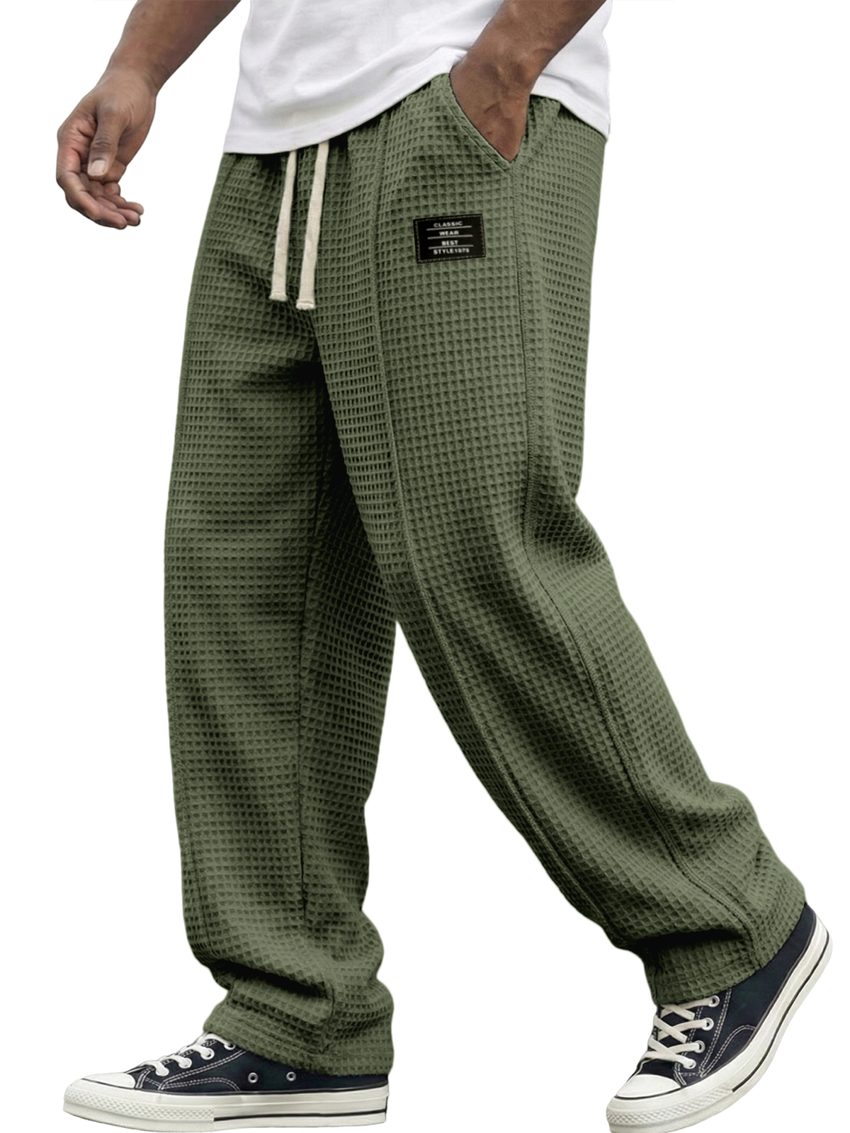 Men's Waffle Textured Pants with Decorative Stitching and Embroidered Label