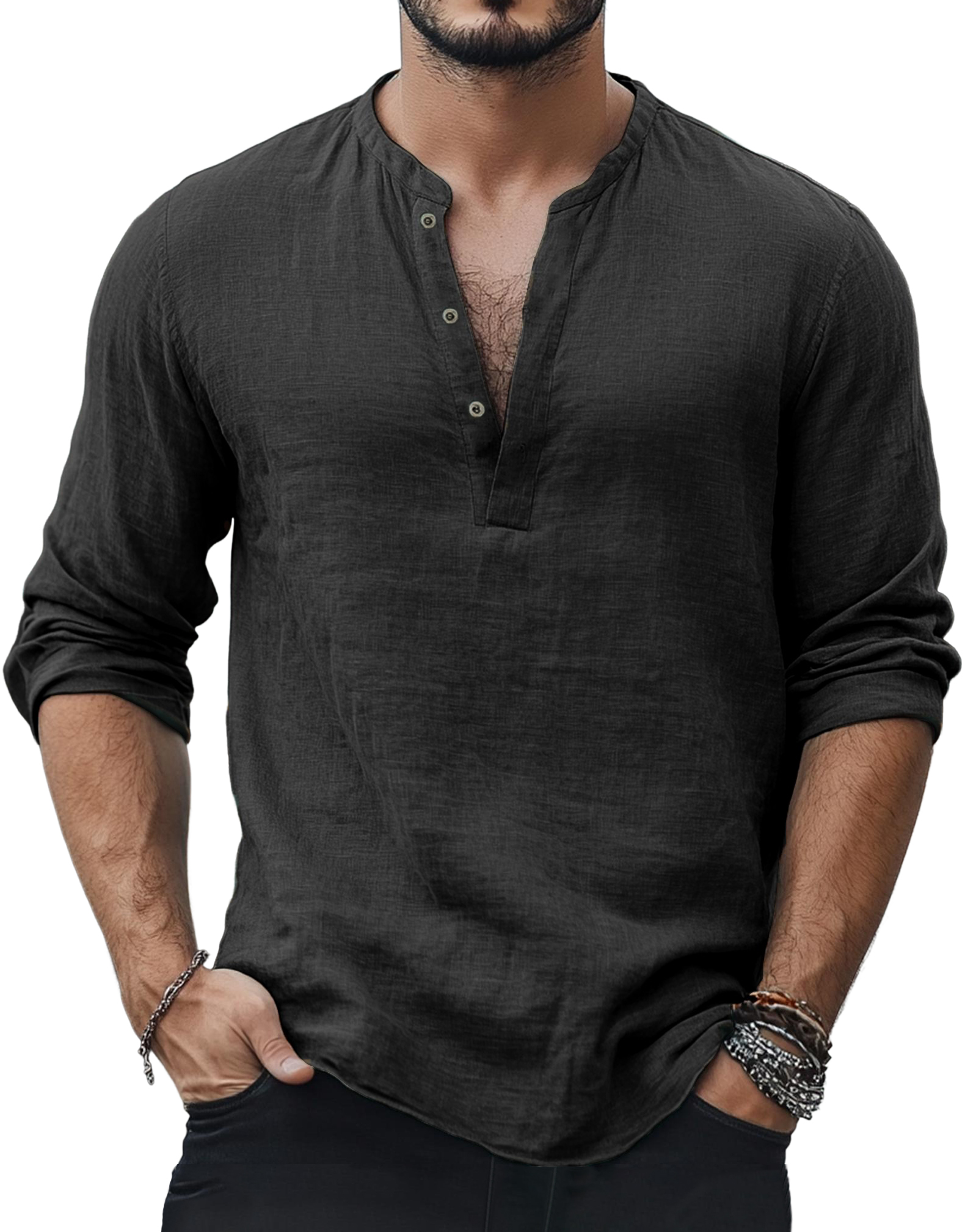 Men's Casual Fashion Basic Casual Henley Collar Cotton And Linen Long-sleeved Top