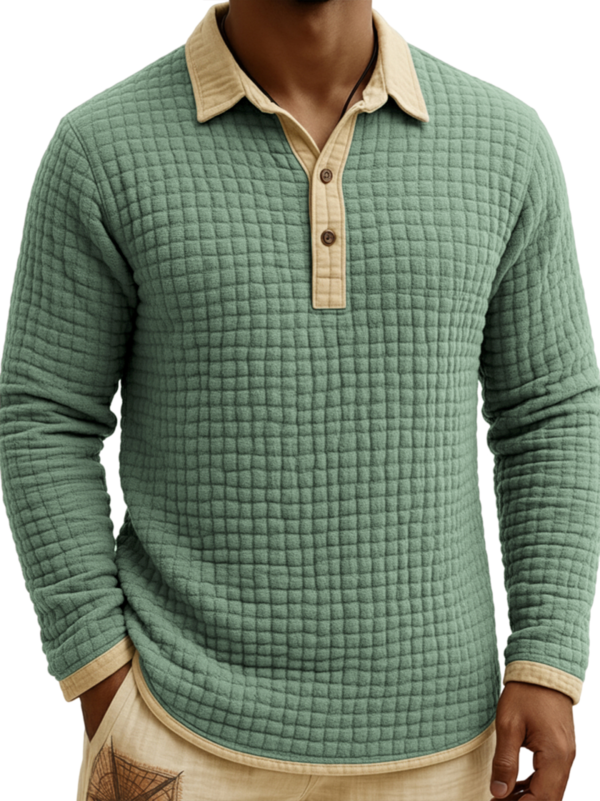 Men's Jacquard Quilted Waffle Contrast Color Pullover Button-down Polo Shirt