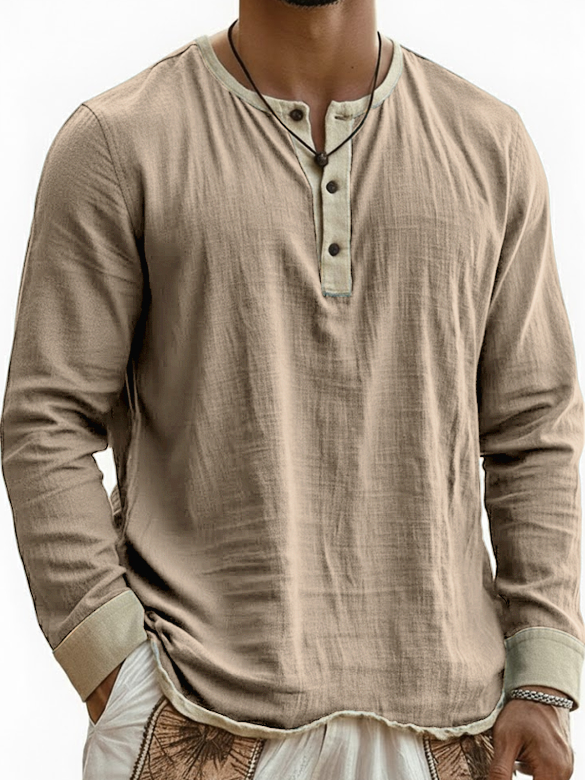 Men's Breathable Linen Wrinkled Textured Color-blocked Henley Long-sleeved Top