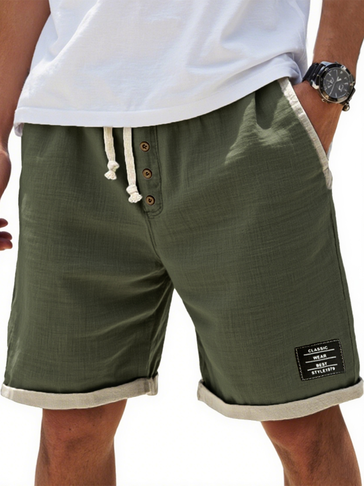 Men's Breathable Linen Colorblock Casual Embroidered Label and Button Placket Shorts