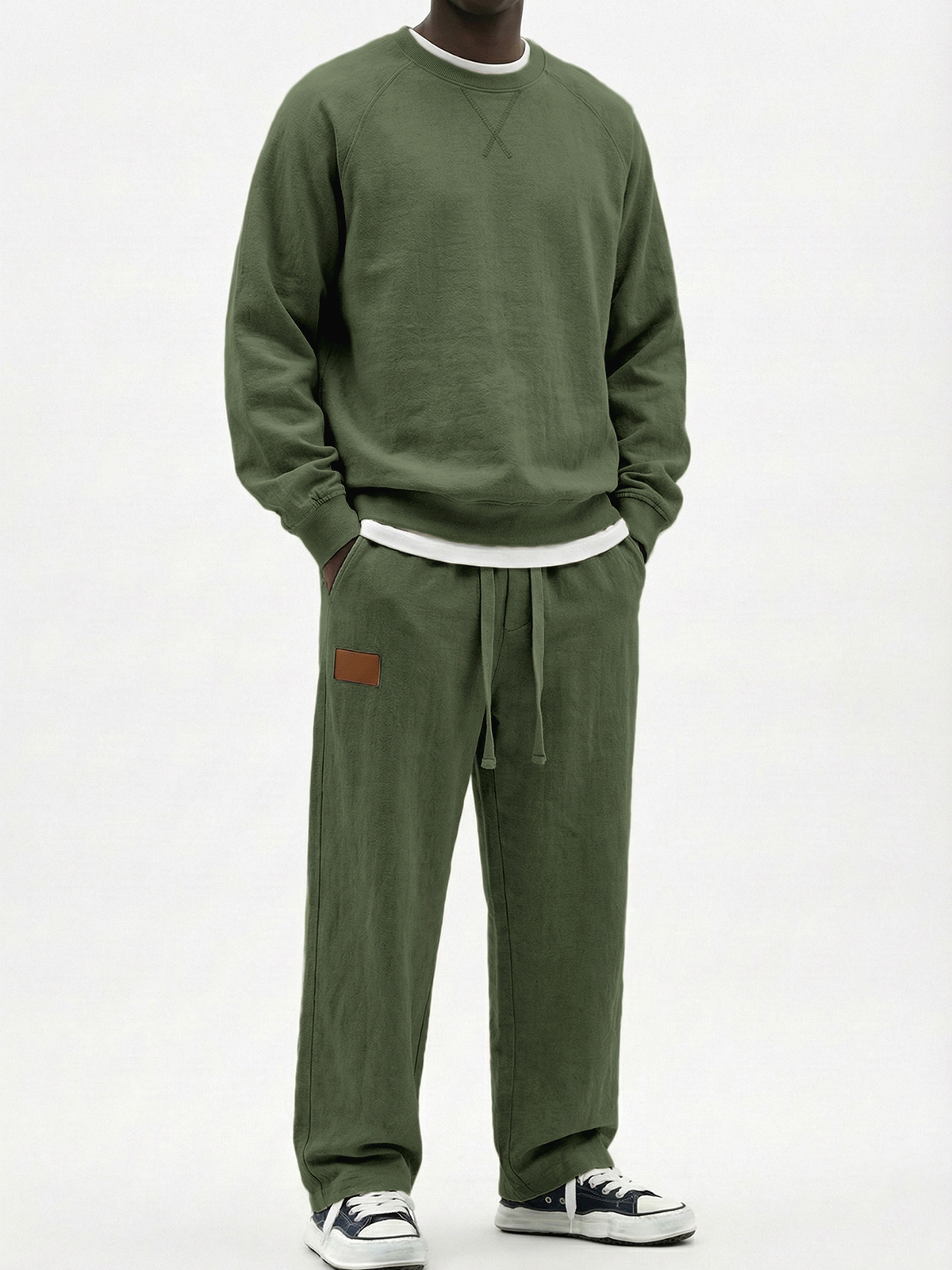 Men's Casual Cotton Embroidered Patchwork Long-Sleeve T-Shirt and Pants Set